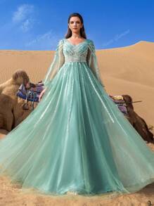 Luxury Neck Lantern Sleeve Tulle Formal Prom Evening Gown, Wedding Guest Dress, Party Dress