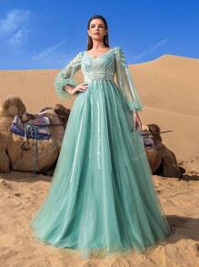 Luxury Neck Lantern Sleeve Tulle Formal Prom Evening Gown, Wedding Guest Dress, Party Dress