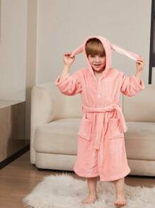 1件珊瑚绒卡通长耳兔连帽浴袍，适合5岁以下儿童，衣长70厘米，儿童睡衣，男女童家居服，带腰带和口袋，速干不掉毛，多种颜色可选，适合酒店、家庭、卧室、游泳池、节日礼物、返校礼物、浴室、情人节礼物 - 彩色 - 查看 6