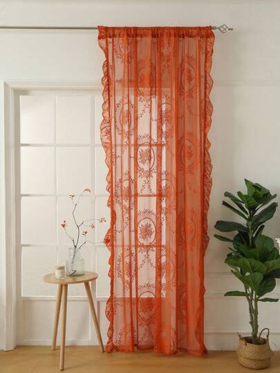 1pc Elegant French Floral Lace Trim Curtain Sheer, Decorative For Holidays