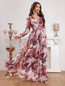 女士花卉印花裹领连衣裙 - 彩色 - 查看 6