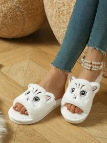 Women's Comfortable Black And White Cat Fur Slippers - Soft Fur, Non-Slip EVA Sole, Hand Wash Or Dry Clean, Suitable For Indoor Use - Suitable For All Seasons - White - View 3