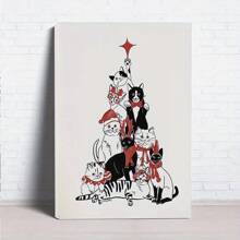 Holiday Christmas Cat Print - Wooden Frame Canvas Painting 1 Piece (3) Thickness 2.25cm / 0.9inch Home Gift Decoration Room Decoration Aesthetics Wall Decoration Art Perfect Gift Autumn Winter Wall Decoration Living Room Decoration Bedroom Decoration Kitchen Decoration Entrance Decoration Bathroom Decoration Direct Wall Painting High-Quality Wall Painting Poster - 彩色 - 查看 4