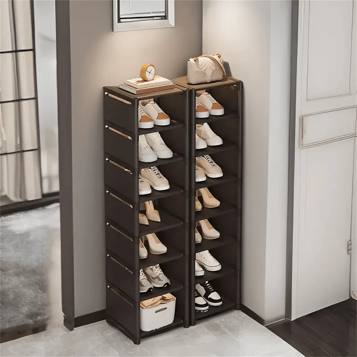 1pc Household Shoe Storage Rack, Multi-Layer Doorstep Shoe Storage Rack, Shoe Cabinet, Easy To Install, Household Items Cloth Shoe Storage,Cozy Home Requirements - Black - View 1