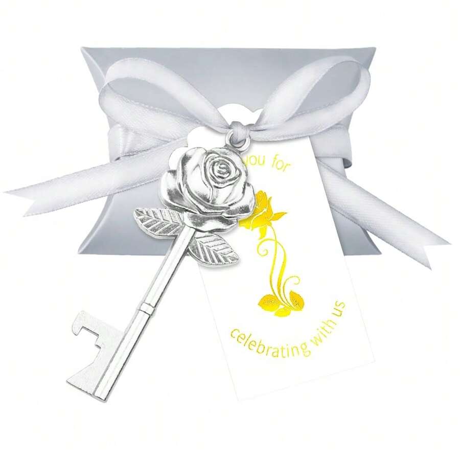 10 set apribottiglie a forma di rosa, inclusi 10 pezzi di apribottiglie a forma di rosa, 10 pezzi di scatoline per caramelle, 10 pezzi di etichette di ringraziamento e 10 pezzi di nastri, come regalo da dare agli ospiti per matrimonio e feste di compleanno