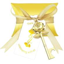 10 set apribottiglie a forma di rosa, inclusi 10 pezzi di apribottiglie a forma di rosa, 10 pezzi di scatoline per caramelle, 10 pezzi di etichette di ringraziamento e 10 pezzi di nastri, come regalo da dare agli ospiti per matrimonio e feste di compleanno