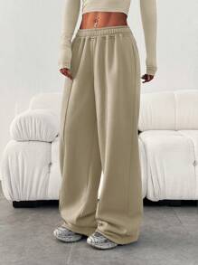 Quần nỉ nữ dáng rộng, màu trơn, cạp chun có túi, thích hợp mặc mùa đông. - Màu be - Xem 2