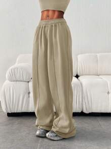Women Loose Casual Solid Color Drawstring Waist Sweatpants With Pockets - 杏色 - 查看 6