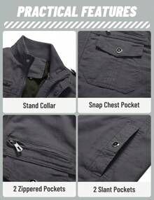 KEFITEVD Men's Military Lightweight Jacket Cargo Windbreaker Zip Front Stand Collar Cotton Jackets With Multi Pockets - Grey - View 4
