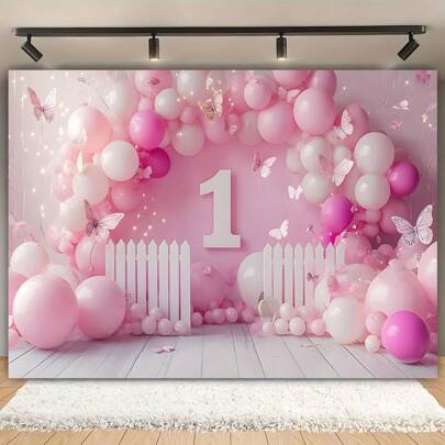 1pc Pink Balloon Garden Photography Backdrop With Butterfly & Floral Design - Polyester Multipurpose Banner For 1st Birthday, Cake Smash, Festival Party Decoration - No Electricity Required