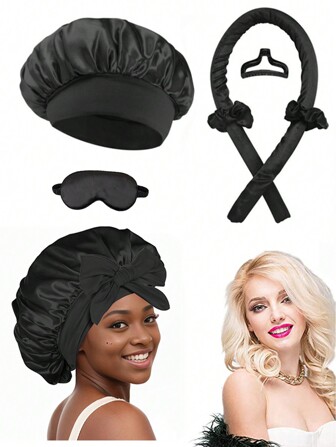 6pcs Set Includes: No Heat Hair Curler, Satin Sleep Cap, No Heat Hair Band, Hair Claw Clips, Hair Rings,Sleep Eye Mask,Soft Sleep Cap, Comfortable Hair Waver, Flexible Styling Tools For Wavy & Curly Hairstyles, Ideal Gift For Mom Or Girlfriend(Black) ,Heatless Hair Curler ,Hair Styling Tools