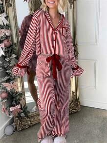 Womens Striped Christmas Pajama Set Satin Tie Up Knot Puff Long Sleeve Button-Up V-Neck Cropped Shirt + Drawstring Waist Long Pants 2 Piece Sleepwear Xmas Holiday Party Clothes Loungewear Outfit - Đỏ - Xem 3