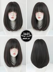 NAMM 女士齐肩黑色鲍勃假发 16 英寸短直发带刘海高品质合成纤维假发适合女孩日常使用（深棕色 4#） - 黑棕色 - 查看 4