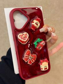 Creative Resin Cherry Cake Candy Design Phone Case Compatible With IPhone 16 Pro Max, 15 Pro, 14 New, 13 Pro Max/16 Waterproof Shockproof Anti-Fall Scratch Resistant - Burgundy - View 1