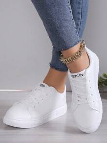 Damen weiße Plateau-Sneaker aus Segeltuch, rutschfest, erhöhte Sohle, Obermaterial Leder, Studentenschuhe - Weiss - Übersicht 4