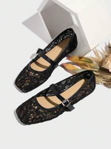 Women's Ballet Flats Summer Breathable Embroidery Lace Mesh Square Toe Mary Jane Black Flat Shoes - Black - View 2