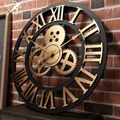 Wall Clock Big Roman Numerals Hanging Clock 60cm/24 Inch Giant Open Face Indoor Wall Clock Wood 3D Gear Clock Vintage Industrial Wall Clock For Home Office