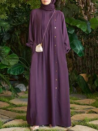 Kvinnor Casual Enfärgad Front Button Down Modest Långärmad Klänning, För hösten