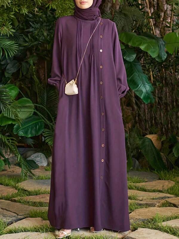 Vestido feminino casual cor sólida frente com botões modesto manga comprida, para outono