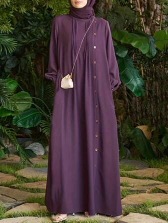 Kvinnor Casual Enfärgad Front Button Down Modest Långärmad Klänning, För hösten