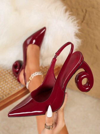 Women's Fashion Versatile, Outdoor/Commute, Chunky High Heel, Asymmetric Heel, Backstrap, Closed Toe Slingback, Pointed Toe Wine Red Patent Leather Sandals