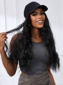 26 英寸帽子长卷发波浪发假发带棒球帽可调节黑色棒球帽带合成卷发初学者友好自然外观适合日常使用 - 黑色 - 查看 3