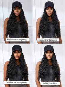 26 英寸帽子长卷发波浪发假发带棒球帽可调节黑色棒球帽带合成卷发初学者友好自然外观适合日常使用 - 黑色 - 查看 9