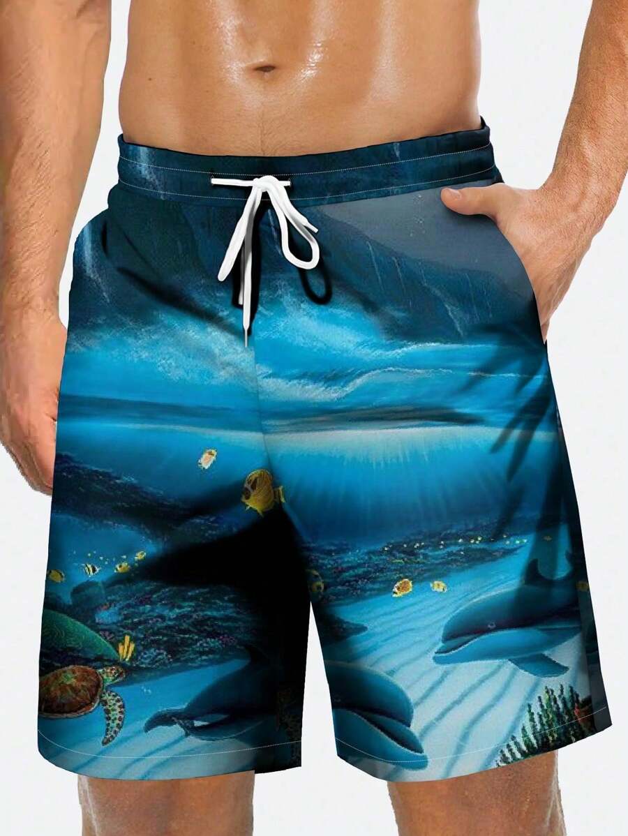 Męskie Ocean Animal Dolphin Turtle Artystyczny nadruk 3D Cyfrowy wzór Swobodny Codzienny Wakacyjny Jednowarstwowy Sznurek Hawajski Plażowe Szorty