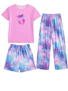XUMPLO 3pcs/Set Girls Comfortable & Breathable Mermaid Print Round Neck Short Sleeve T-Shirt, Shell Shorts & Pants