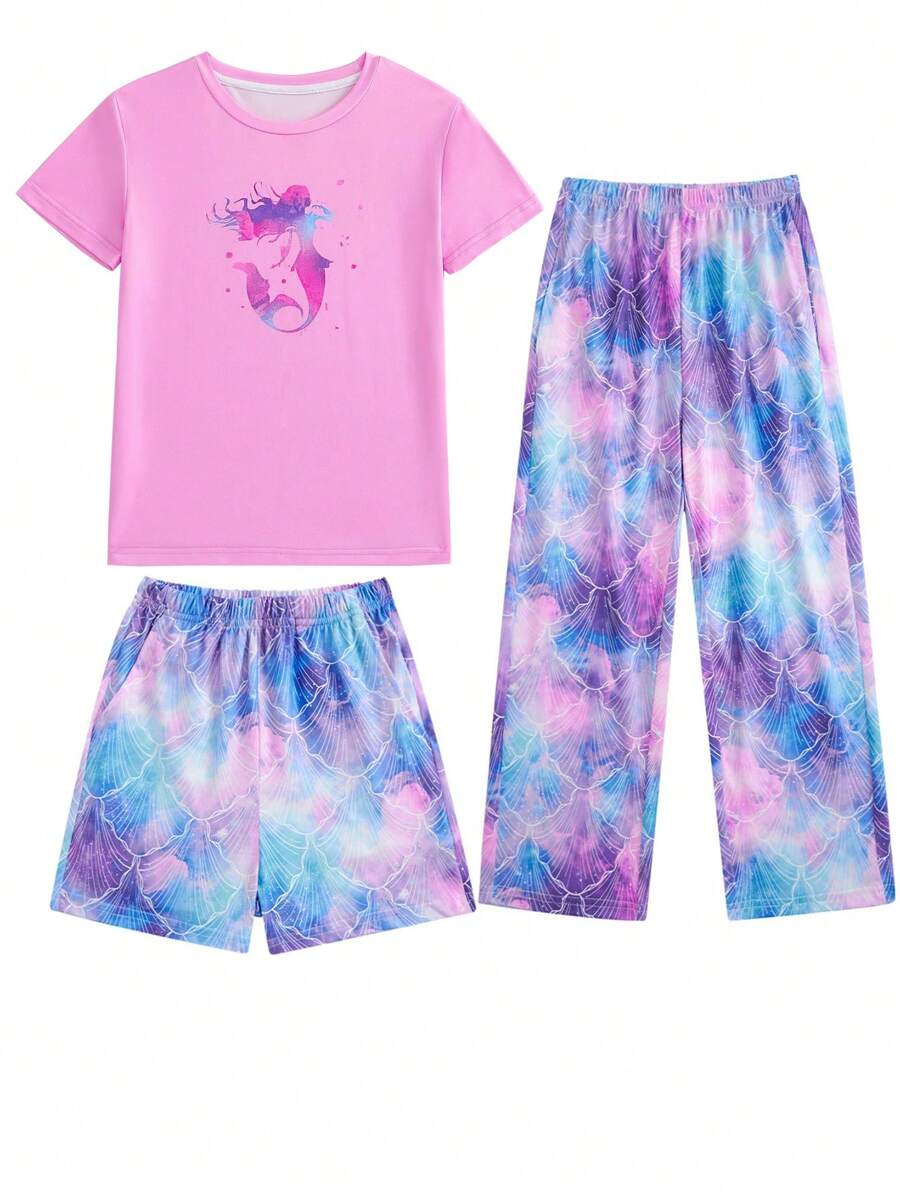 XUMPLO 3pcs/Set Girls Comfortable & Breathable Mermaid Print Round Neck Short Sleeve T-Shirt, Shell Shorts & Pants