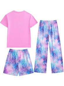 XUMPLO 3pcs/Set Girls Comfortable & Breathable Mermaid Print Round Neck Short Sleeve T-Shirt, Shell Shorts & Pants