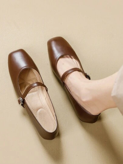 女士时尚方头棕色平底鞋，休闲办公百搭，适合户外穿着，高品质舒适平底鞋，玛丽珍芭蕾舞鞋，适合派对、婚礼等场合