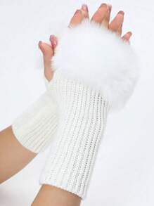 1 Pair Autumn/Winter Outdoor Warm Fashionable Faux Furry Cuff Striped Knitted Arm Warmers For Women