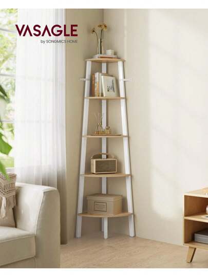  VASAGLE Corner Shelf Unit, 5-Tier Corner Shelf, Ladder Shelf For Living Room, Bookshelf Or Plant Stand, Industrial Accent Furniture, Natural Oak And Matte White