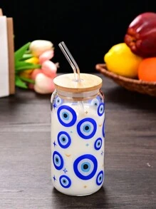 1 pieza Vaso de vidrio con pajita con estampado gráfico de ojo creativo y ojo azul, botella de agua portátil con tapa y pajita de bambú, apropiada para café con hielo, cerveza, jugo, bebidas, leche, regalo de cumpleaños, regalo de Navidad, regalo del Día de la Madre, regalo del Día de San Valentín
