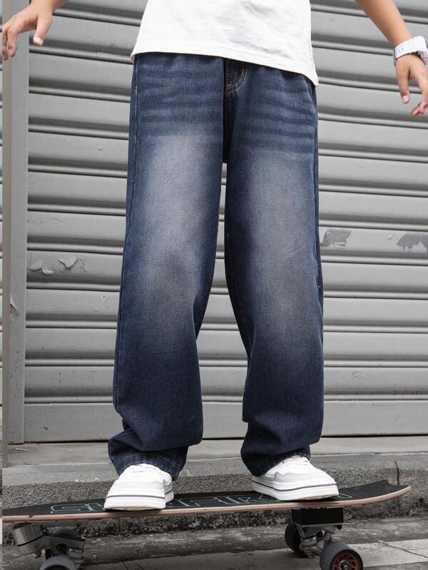 Tween Boy Whiskers Design Casual Loose Straight Leg Jeans, Calças jeans estilo academia de corte reto para adolescentes e crianças mais velhas