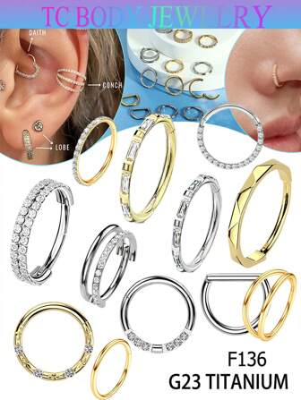 G23 Titanium CZ Nose Rings Hoop For Women16G Clicker Hinged Segment Septum Lip Rings Tragus Conch Helix Cartilage Rook Daith Earrings Hoop Piercing Jewelry Diameter 8mm Silver Golden