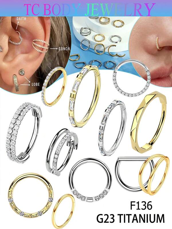 G23 Titanium CZ Nose Rings Hoop para mulheres 16G Clicker Articulado Segmento Septo Lip Rings Tragus Conch Hélix Cartilagem Rook Daith Brincos Argola Piercing Jóias Diâmetro 8mm Prata Dourado