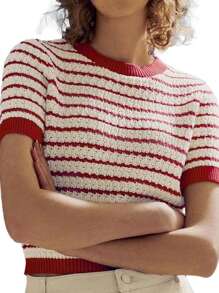 Women's Simple Commuting Crew Neck Colorblock Striped Short Sleeve Knit Pullover - Multicolor - View 1