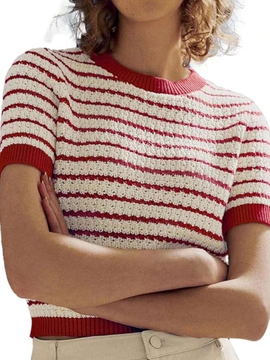 Women's Simple Commuting Crew Neck Colorblock Striped Short Sleeve Knit Pullover - Multicolor - View 1