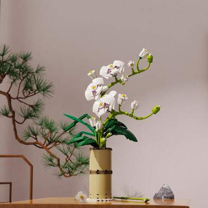 Bloques construcción de ramo orquídeas, juego construcción flores artificiales, regalo decorativo colección plantas creativas DIY