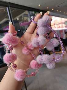 1 件毛球水晶钻手机链，女士腕带挂饰，适合户外、旅行、派对、购物、短款手机挂绳配件，适合送给母亲、家人、朋友、生日、节日的礼物 - 彩色 - 查看 3