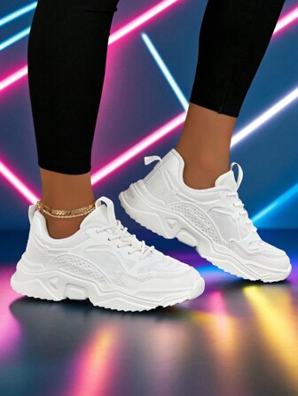2025 Autumn Sporty Chunky Sneakers For Women, Letter Graphic Lace-Up Front Sneakers,Versatile White Shoes For Women