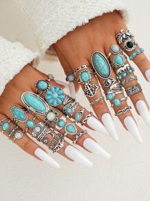 42/2/8 Stücke einfacher Blumen & Tropfen Vintage Türkis Ring, Ohrringe Set, Schmuckset für Frauen, Feiertage, Date, tägliches Partytragen