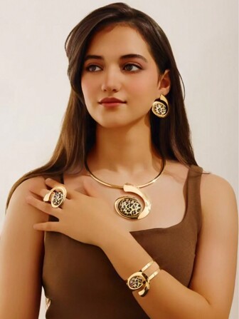 全新不对称豹纹项链、耳环、戒指、手链奢华珠宝套装、独特设计配饰