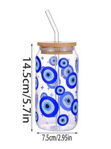 1 pieza Vaso de vidrio con pajita con estampado gráfico de ojo creativo y ojo azul, botella de agua portátil con tapa y pajita de bambú, apropiada para café con hielo, cerveza, jugo, bebidas, leche, regalo de cumpleaños, regalo de Navidad, regalo del Día de la Madre, regalo del Día de San Valentín