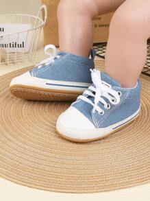 1 双男孩和女孩纯色帆布系带设计平底百搭防滑运动鞋派对软橡胶底幼儿鞋适合秋季