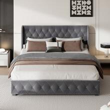 Double Bed 140 * 200 Cm, Hydraulic Bed With Storage Space, Velvet Dark Grey - 深灰色 140 * 200 cm - 查看 3