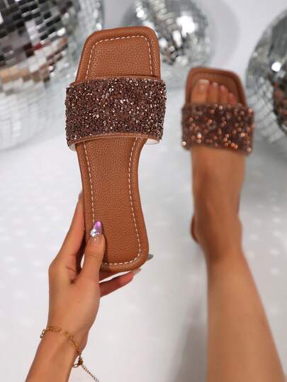 Luxury Women Flat Sandals, 2024 Spring Summer Autumn, Plus Size Non-Slip Low Heel Ladies Slippers, Outdoor Fashion Versatile Holiday Beach Home Waterproof Rhinestone Shoes