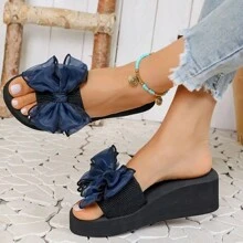 Women's Solid Color Sandals, Bowknot Decor Slip On Platform Beach Slides, Non-Slip Vacation Wedge Slides